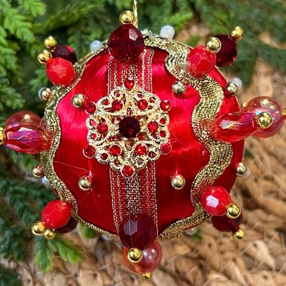 Beaded Push Pin Satin Thread Ball Christmas Ornament Mid Century Vintage Style - Picture 1 of 8